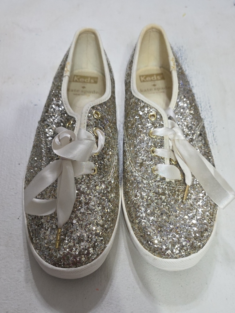 Keds For Kate Spade Women's Gold Sparkly Sneakers Ribbon Laces Sz 7 EUC